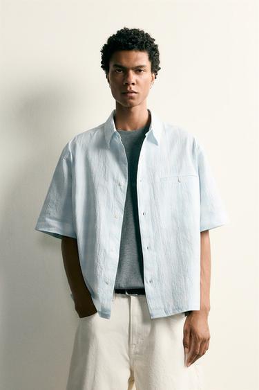 CAMISA MEZCLILLA RELAXED FIT CUADROS - Azul cielo de Zara
