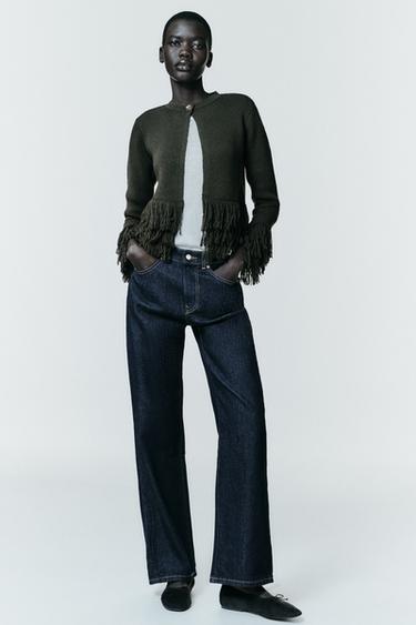 Zara FRINGE KNIT CARDIGAN - Khaki