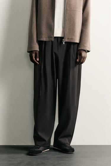 Zara PLEATED BELTED BALLOON PANTS - Brown