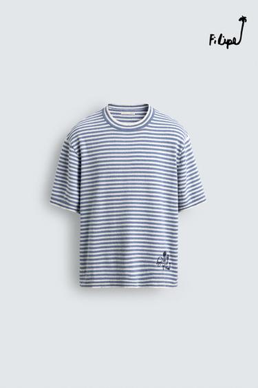 Zara STRIPED TEXTURED KNIT T-SHIRT FILIPE JARDIM X ZARA - Blue / White