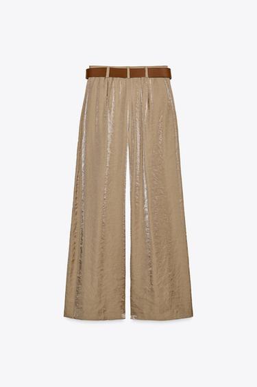 BELTED WIDE-LEG SATIN TROUSERS - Brown / Taupe by Zara - Image 8