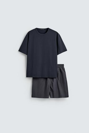Zara 格紋百慕達睡衣套裝 - 海藍色