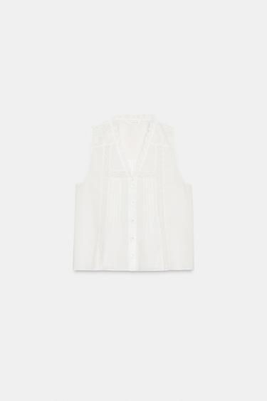 LACE TRIM SLEEVELESS SHIRT - Ecru by Zara - Image 0