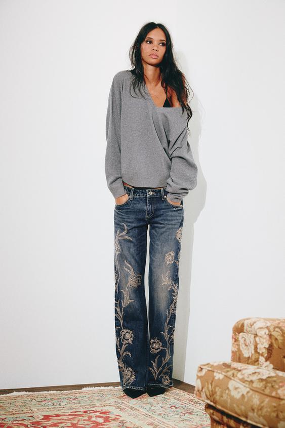 JEANS TRF WIDE LEG TAILLE BASSE À BRODERIES BRILLANT - Bleu marine de Zara - Image 4