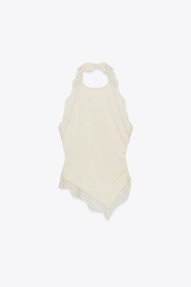 Zara TEXTURED LACE HALTER TOP - Bone