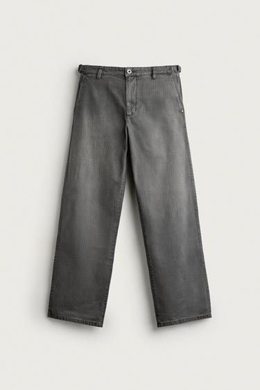 HERRINGBONE-TEXTURED PANTS WITH SIDE TABS — Gray 1