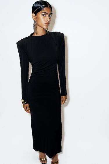 DRAPED MIDI DRESS WITH SHOULDER PADS - Black by Zara