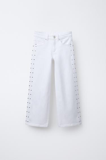 STUDDED WIDE-LEG JEANS - White by Zara