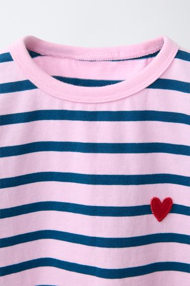 T-SHIRT À RAYURES CŒUR BRODÉ - Bleu ciel de Zara - Image 2