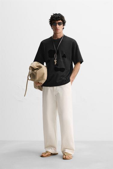 Zara TEXTURED PRINTED T-SHIRT - Black - Image 0