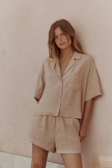 Zara FLOWY SHORT SLEEVE SHIRT - Stone