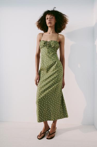 Zara POLKA DOT LINEN MIDI DRESS - Ecru / Khaki