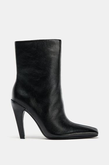 LEATHER HIGH-HEEL ANKLE BOOTS WITH SQUARE TOE - Black by Zara