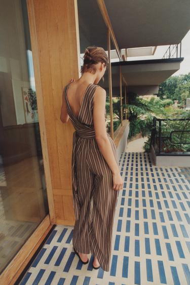Zara STRIPED BELTED JUMPSUIT - Brown-Blue - Image 0