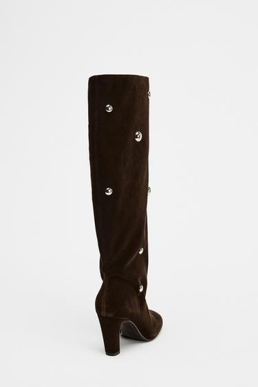VELVET EFFECT STUDDED BOOTS - Brown by Zara - Image 4