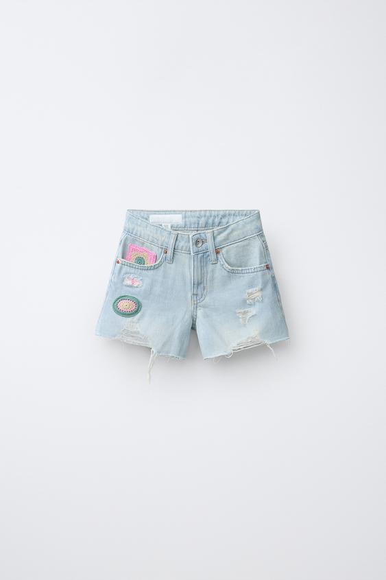 CROCHET PATCH DENIM BERMUDA SHORTS - Light blue by Zara - Image 0