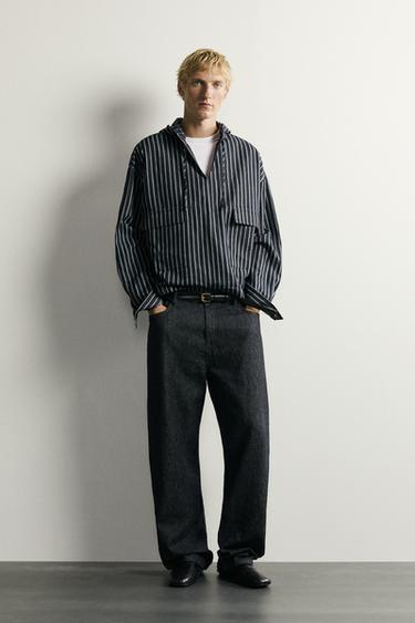 OVERSHIRT CON CAPUCHA A RAYAS DE ALGODÓN Y LINO