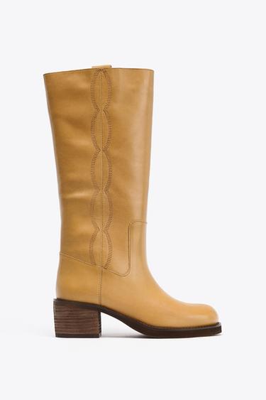 LEATHER STITCH DETAIL BOOTS - Dark tan by Zara
