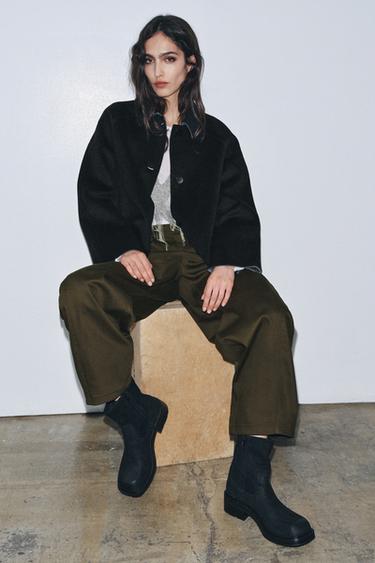 Zara LEATHER SQUARE TOE ANKLE BOOTS - Black