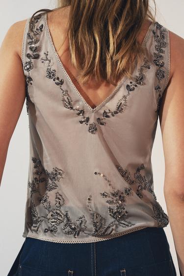 Zara EMBROIDERED TULLE STRAPPY TOP - Light gray