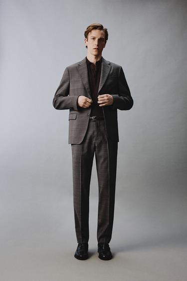 100% WOOL CHECK SUIT TROUSERS - Brown by Zara