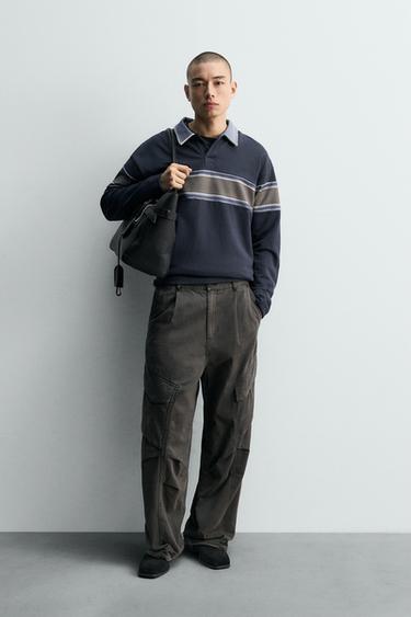 Zara 噴漆印花條紋 POLO 衫 - 深海藍色 - 圖片 0