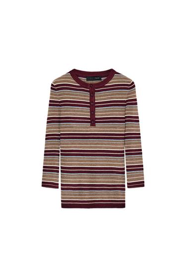 "Front view of a multi-colored striped sweater with a round neck, elbow-length sleeves, and front buttons."