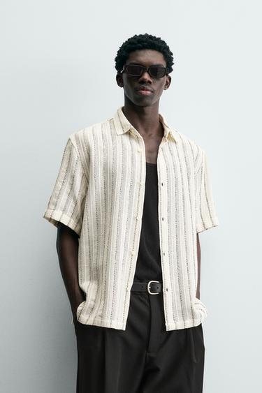 STRIPED TEXTURED SHIRT - CAMEL/WHITE  by Zara