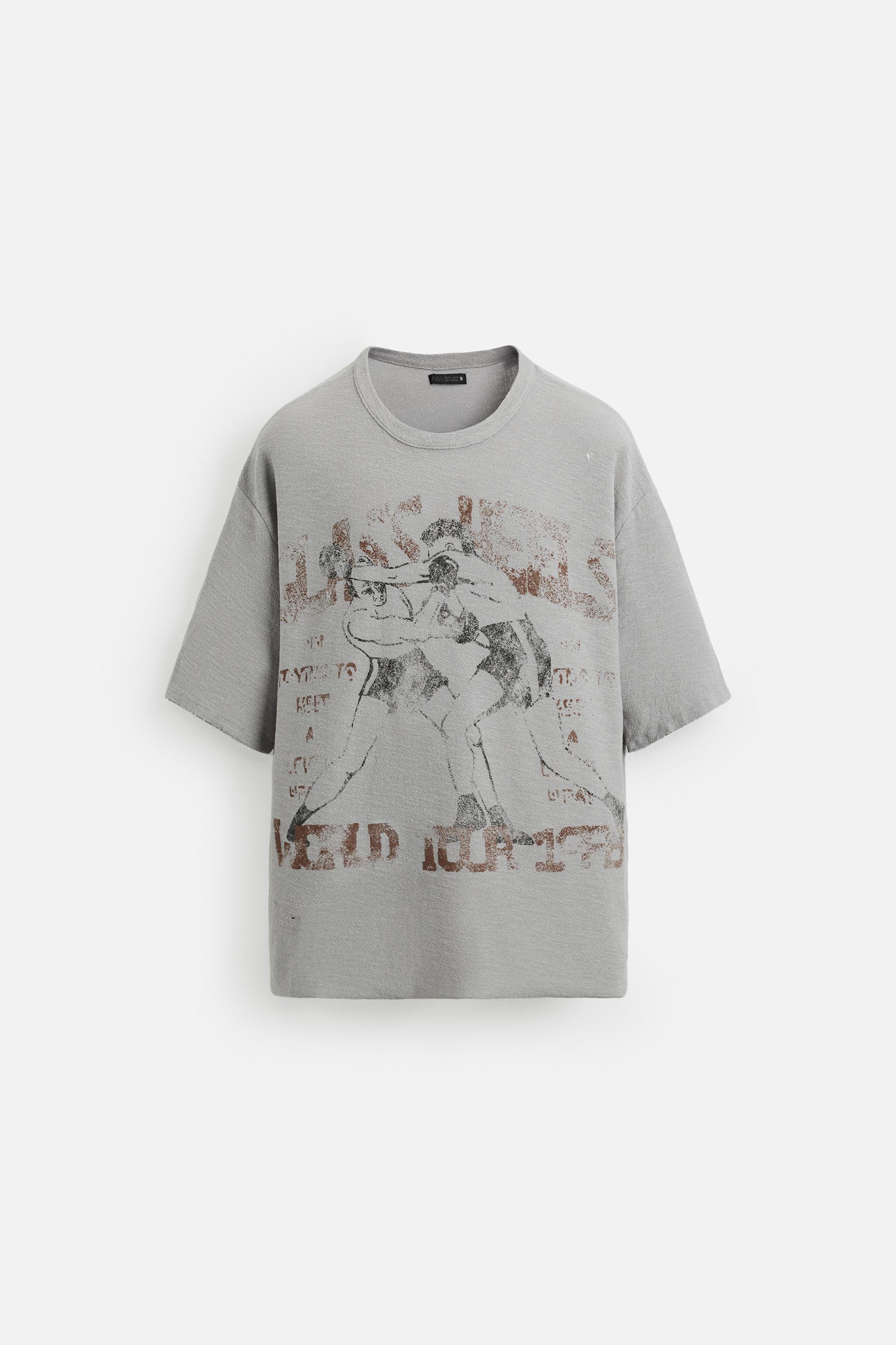 ウォッシュ加工プリントニットTシャツ - パールグレー | ZARA