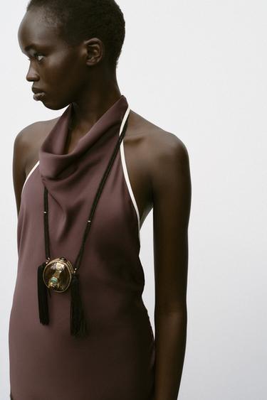 CONTRAST TRIM SATIN MIDI DRESS - Brown by Zara - Image 2