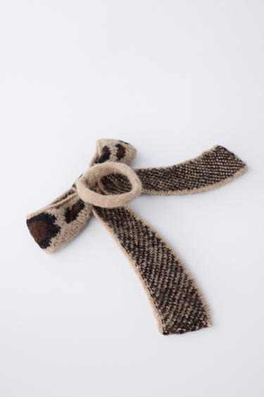 ANIMAL PRINT KNITTED BOW SCRUNCHIE - Brown by Zara - Image 1