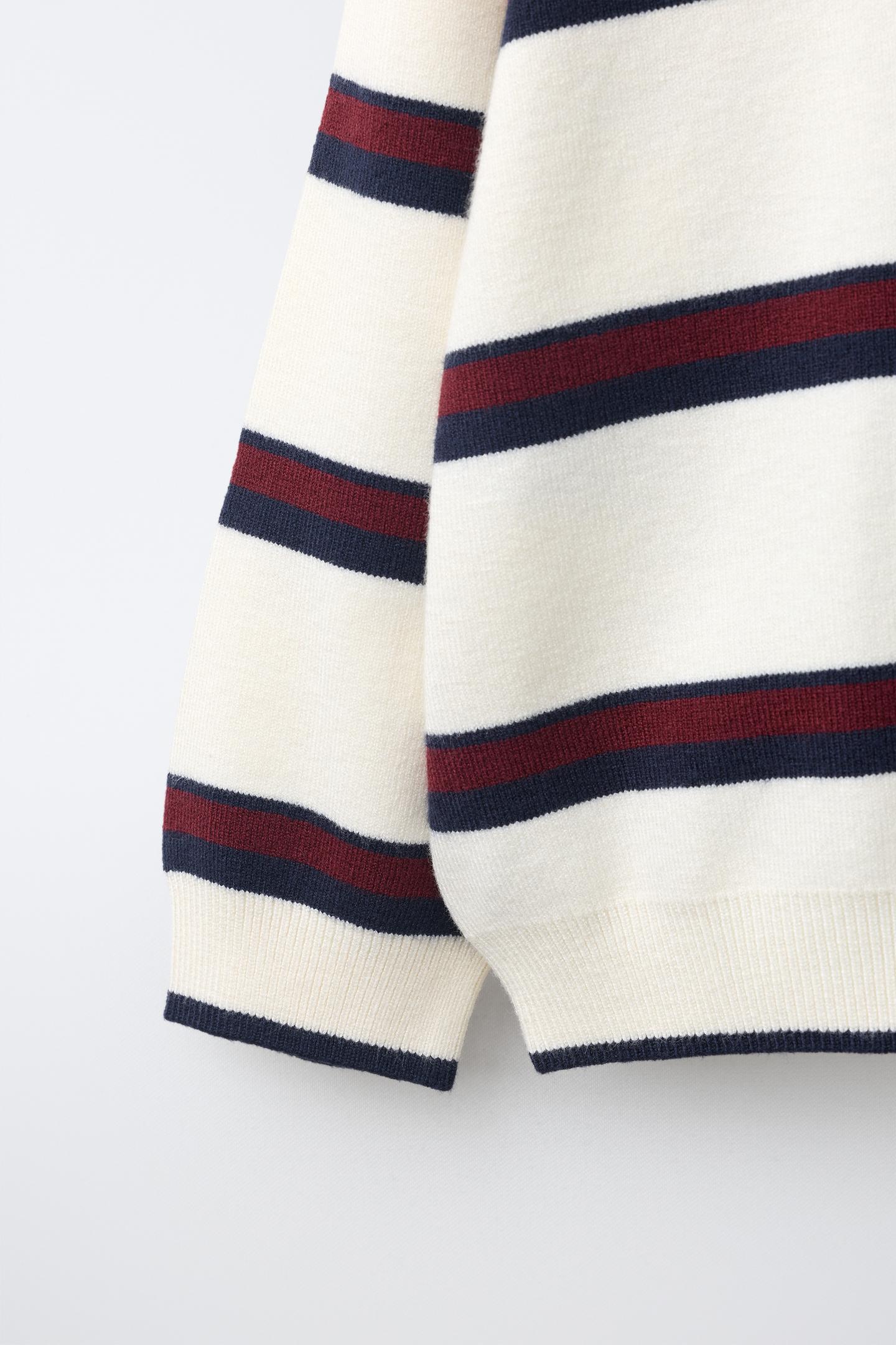 Детский свитер Zara Embroidered Striped Polo Knit, цвет: Экрю / Тёмно-синий — фото 4