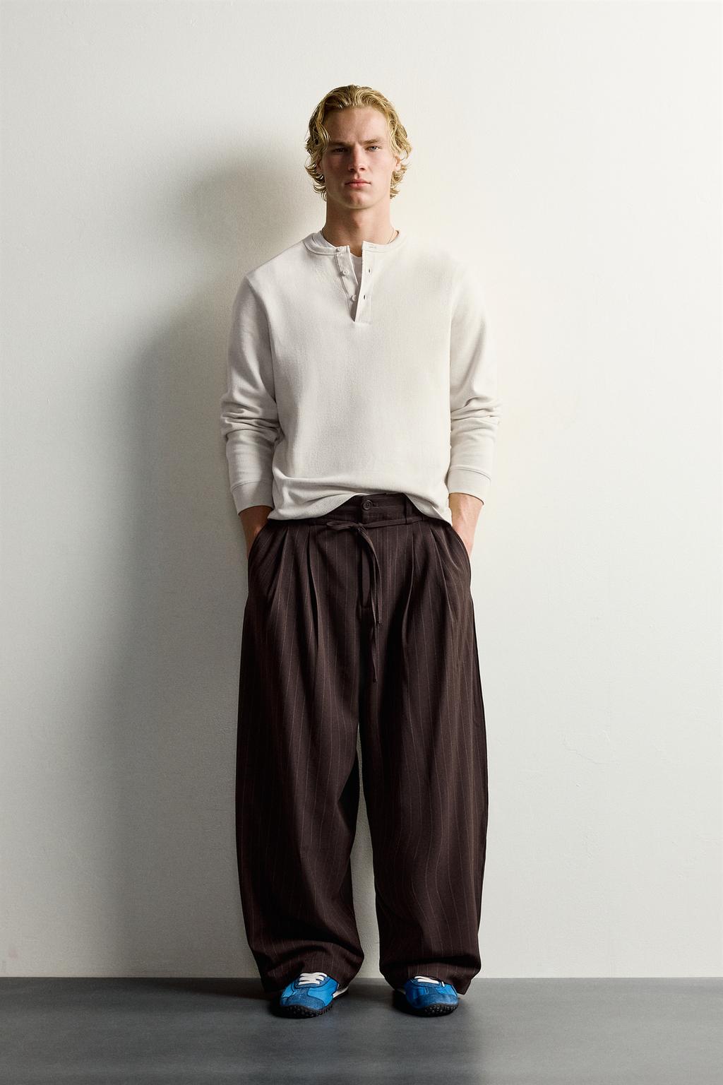 PINSTRIPE BELTED BALLOON FIT TROUSERS