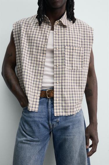 CHEMISE DÉBARDEUR BOXY FIT À CARREAUX - Beige de Zara - Image 4