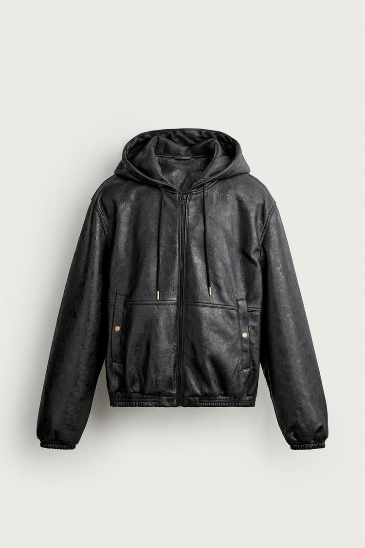 LEATHER EFFECT HOODED BOMBER JACKET