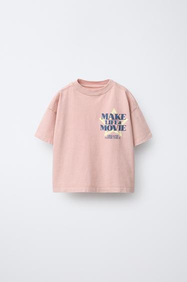 WASHED-EFFECT STAR AND SLOGAN T-SHIRT - Pink by Zara