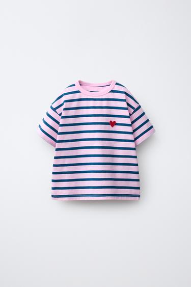 T-SHIRT À RAYURES CŒUR BRODÉ - Bleu ciel de Zara - Image 0