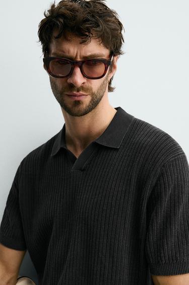 TEXTURED REGULAR FIT KNIT POLO SHIRT - Faded black by Zara