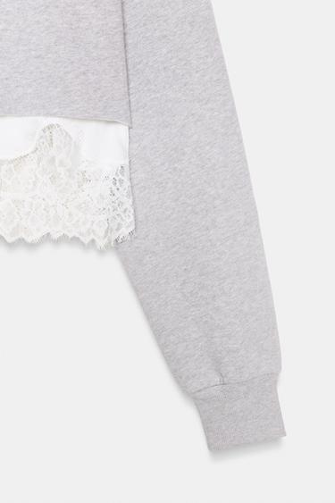 CROPPED SWEATSHIRT WITH LACE - Grey marl by Zara - Image 6