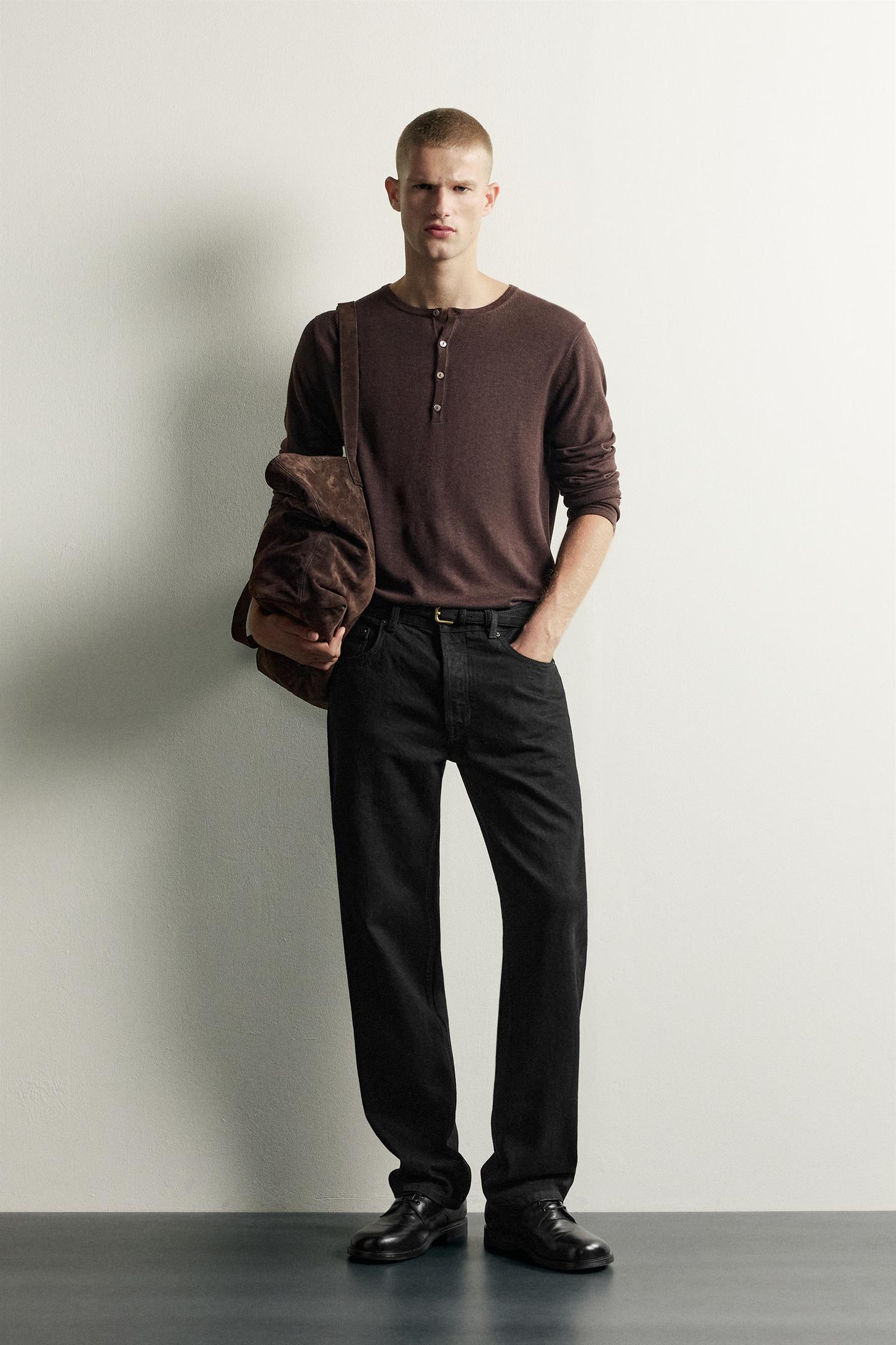 Мужская рубашка Zara Knit Henley, цвет: Коричневый