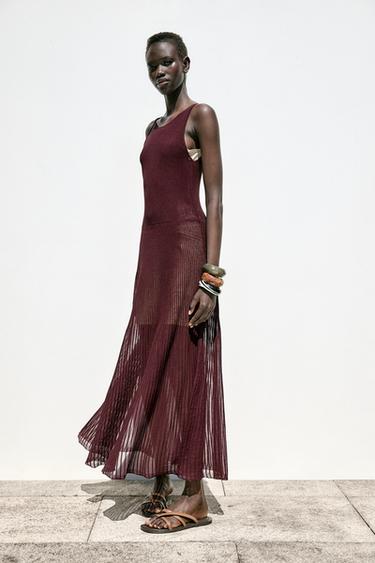Zara RIBBED KNIT MAXI DRESS - Maroon - Image 0