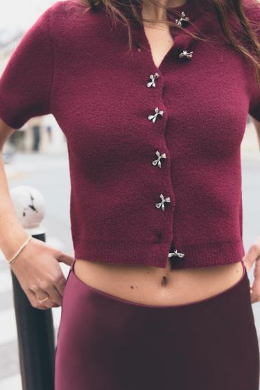 KNIT CARDIGAN WITH BUTTONS AND BOWS - Burgundy by Zara - Image 0