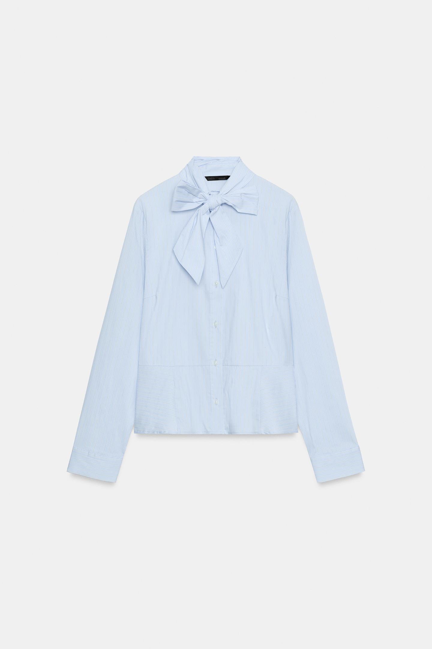 Женская блузка Zara Striped Tie-Neck Blouse, цвет: Синий / Белый — фото 5