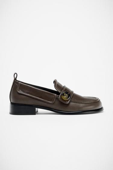 LEATHER LOAFERS WITH BUTTON DETAIL - Grey by Zara