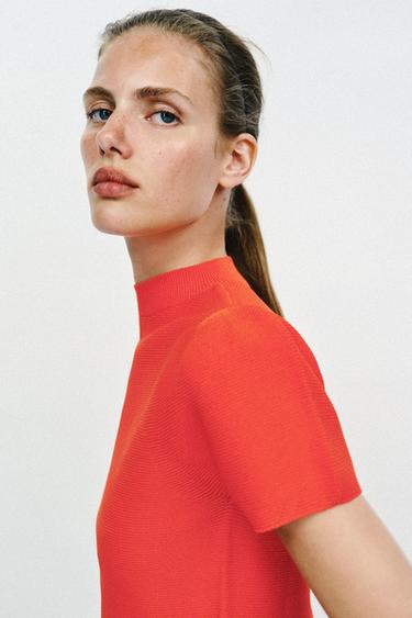 PUFF SLEEVE KNIT TOP - Red / Coral by Zara