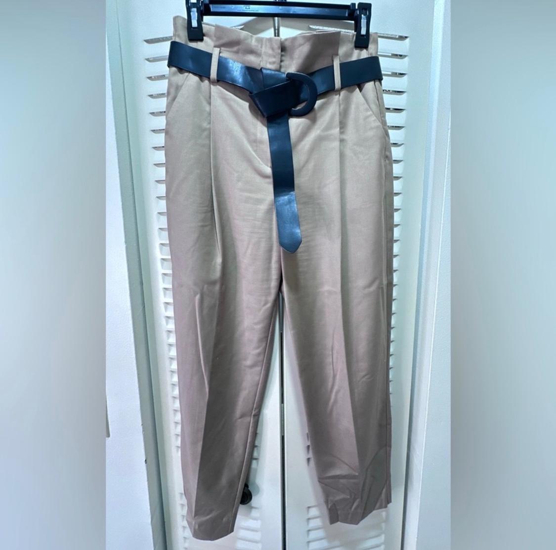 Beige trousers hanging on a hanger with a dark blue belt, white doors with vertical grooves in the background.