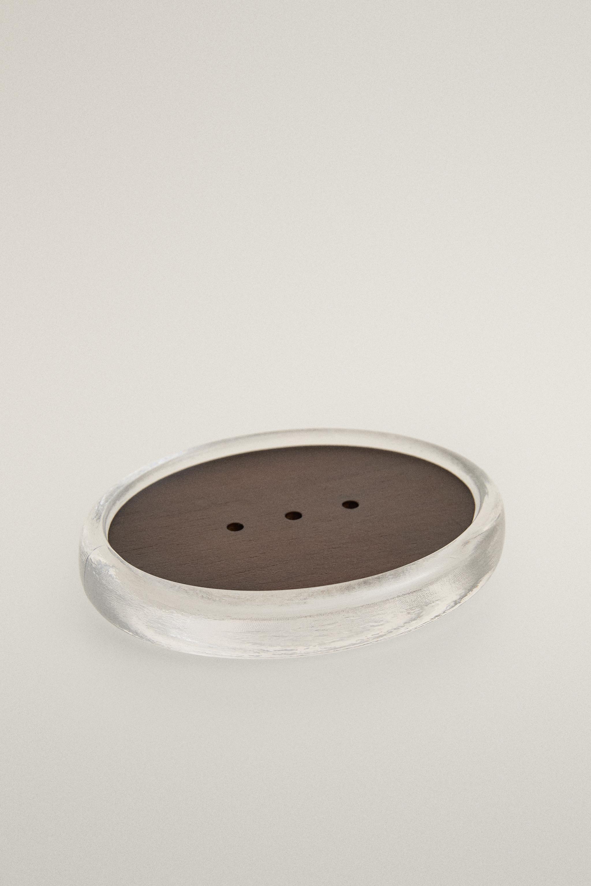 ACACIA WOOD AND GLASS BATHROOM SOAP DISH — Transparent