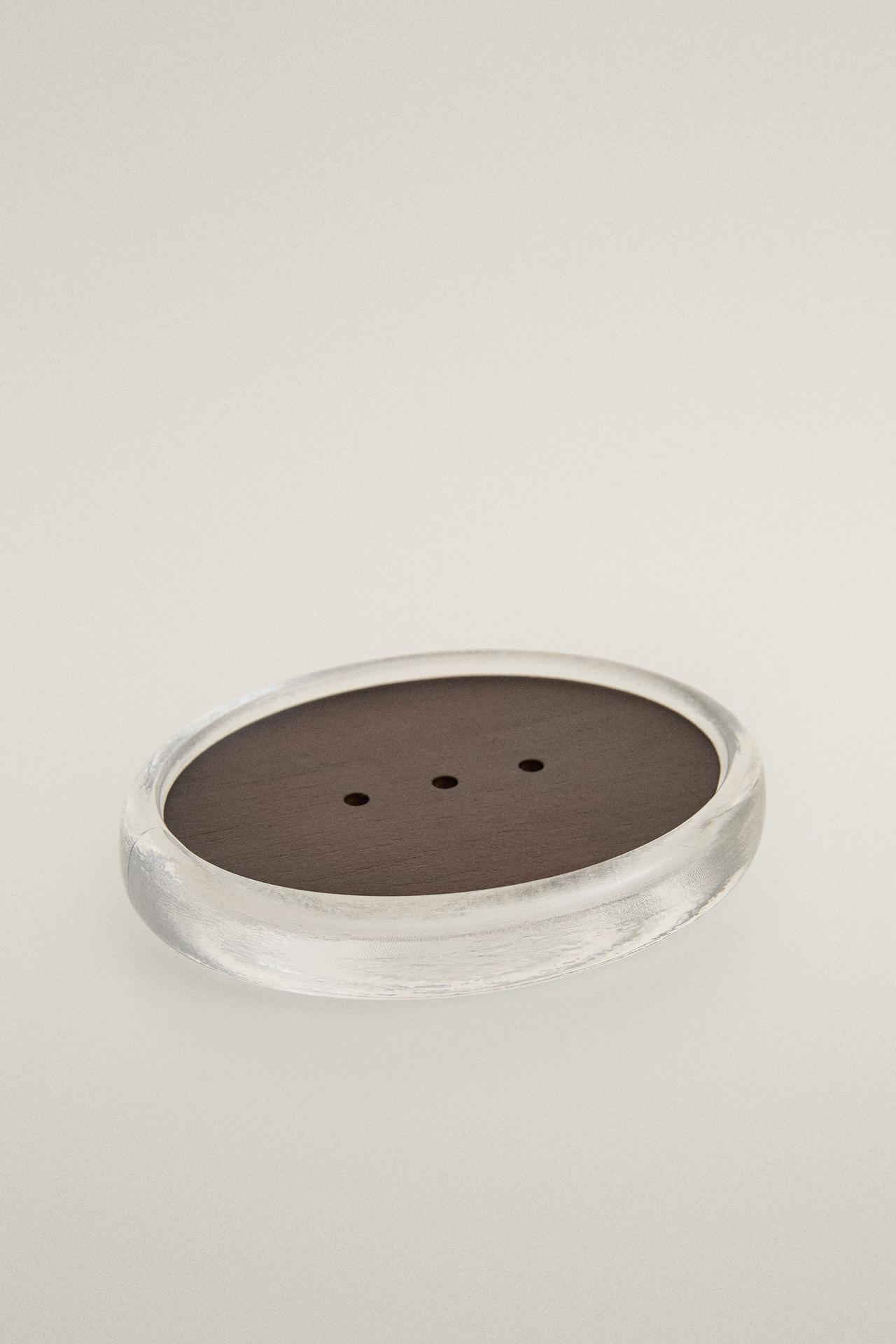 ACACIA WOOD AND GLASS BATHROOM SOAP DISH — Transparent