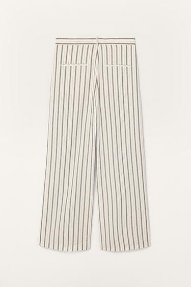 Zara LIMITED EDITION STRIPED LINEN PANTS - Ecru