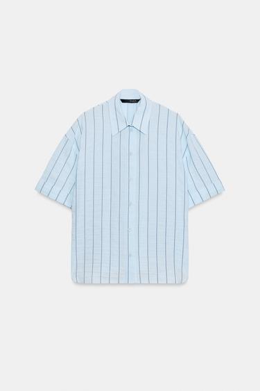 Zara STRIPED OVERSIZED SHIRT - Sky blue